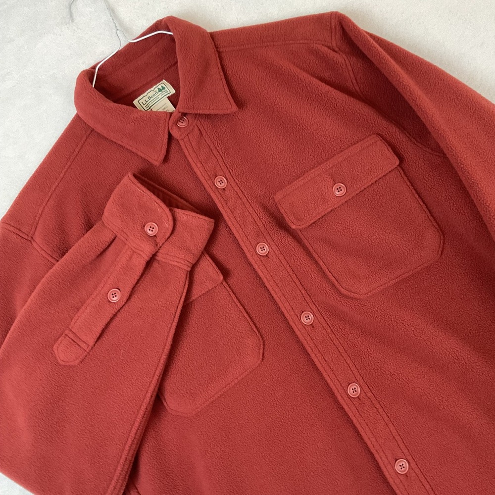 LL Bean Mens Fleece Shirt Jacket Red Rust Button Up Pocket M REG 273072